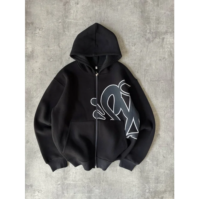 Siyah Baskılı Kapşonlu Unisex Oversize Sweat