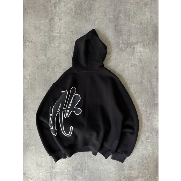 Siyah Baskılı Kapşonlu Unisex Oversize Sweat