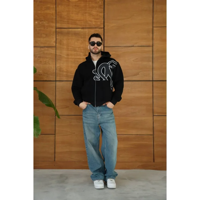 Siyah Baskılı Kapşonlu Unisex Oversize Sweat