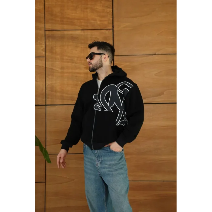 Siyah Baskılı Kapşonlu Unisex Oversize Sweat