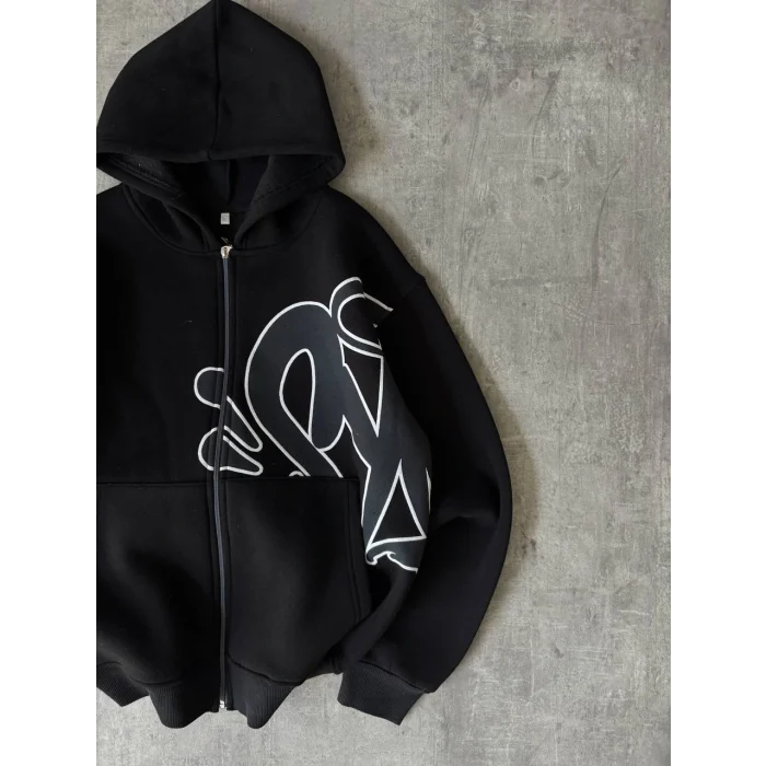 Siyah Baskılı Kapşonlu Unisex Oversize Sweat