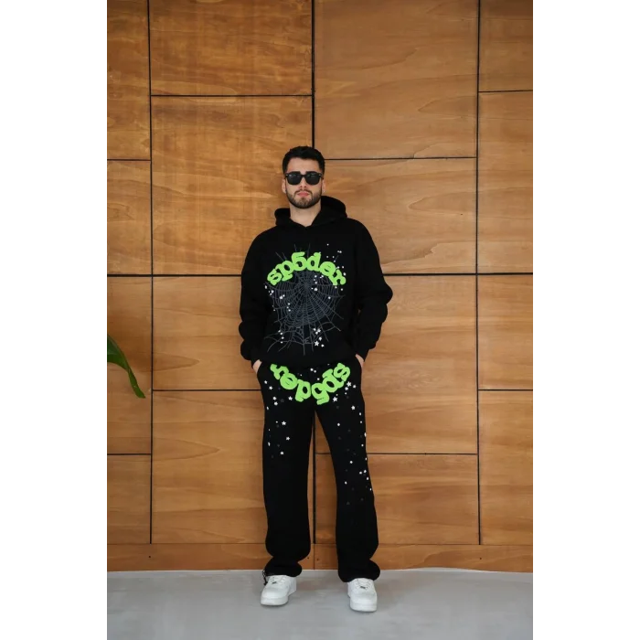 Siyah SP5DER Kapşonlu Unisex Oversize Eşofman Takımı