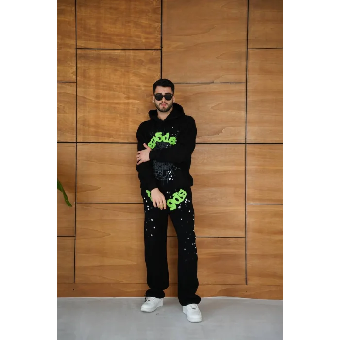 Siyah SP5DER Kapşonlu Unisex Oversize Eşofman Takımı