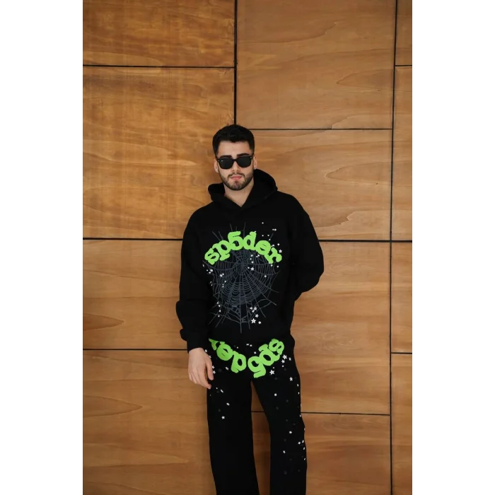 Siyah SP5DER Kapşonlu Unisex Oversize Eşofman Takımı