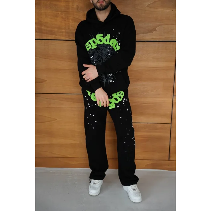 Siyah SP5DER Kapşonlu Unisex Oversize Eşofman Takımı