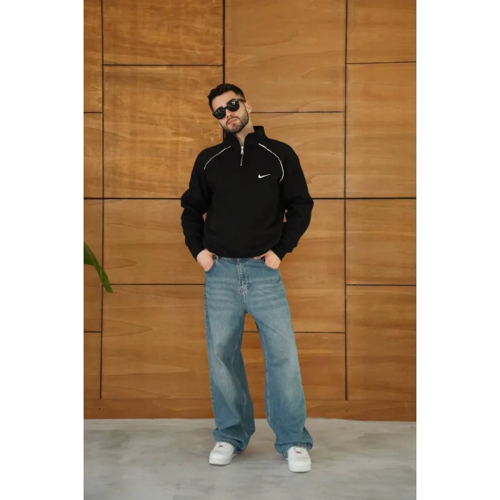 Siyah NK Omuz Biyeli Fermuar Yaka Unisex Oversize Sweat
