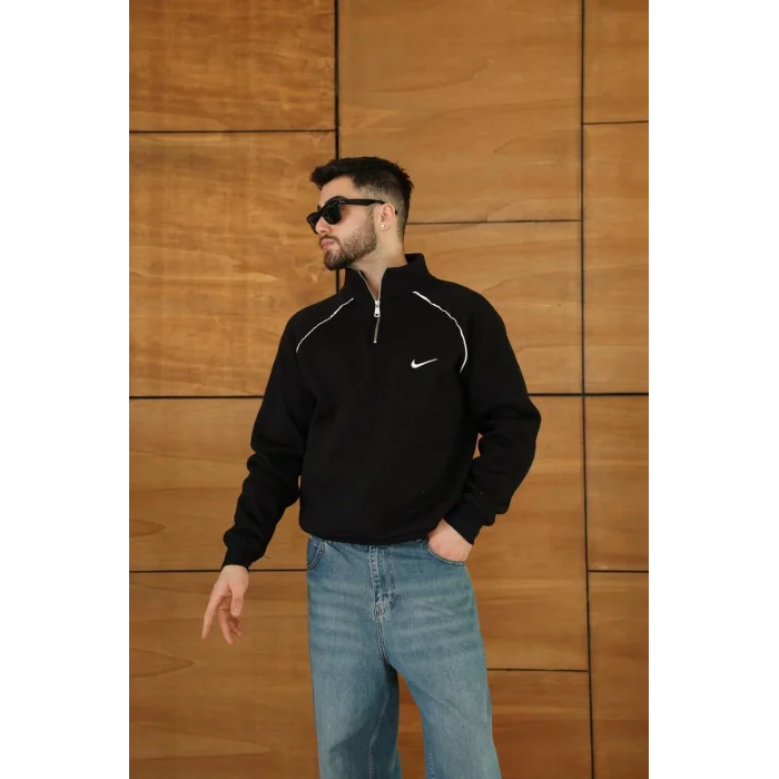 Siyah NK Omuz Biyeli Fermuar Yaka Unisex Oversize Sweat