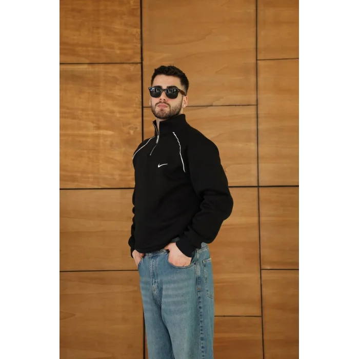 Siyah NK Omuz Biyeli Fermuar Yaka Unisex Oversize Sweat