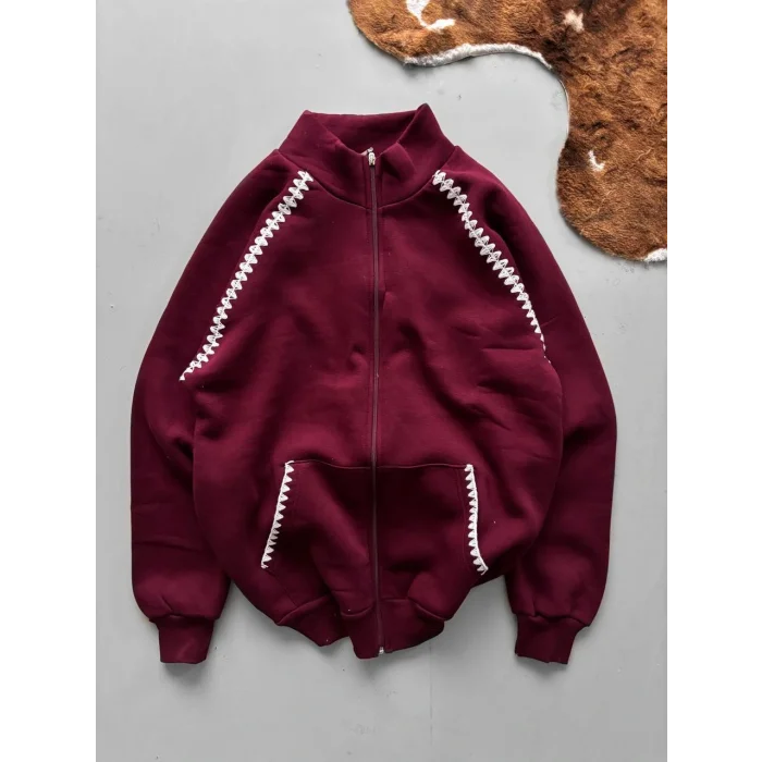 Bordo Zig Zag Nakış Unisex Oversize Sweat