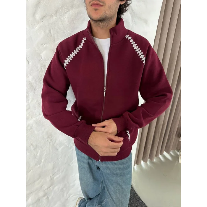 Bordo Zig Zag Nakış Unisex Oversize Sweat