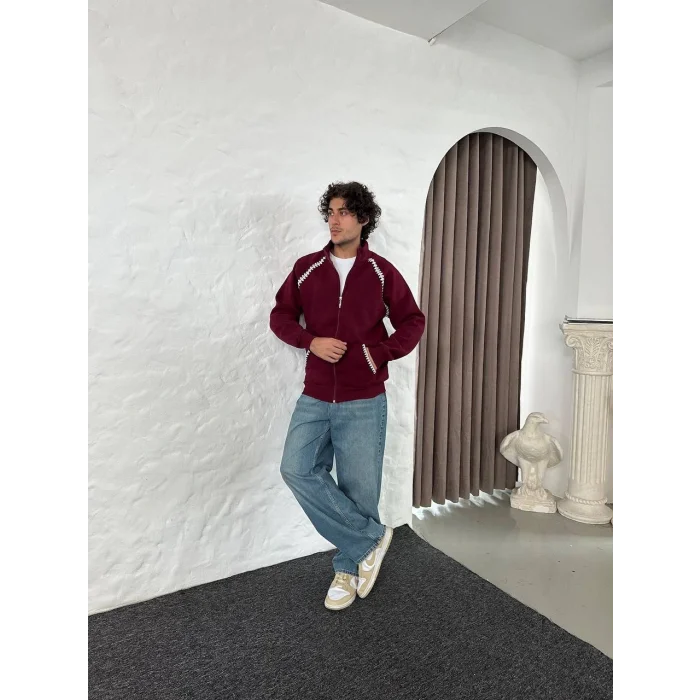 Bordo Zig Zag Nakış Unisex Oversize Sweat