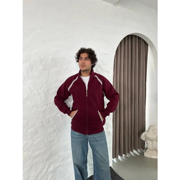 Bordo Zig Zag Nakış Unisex Oversize Sweat