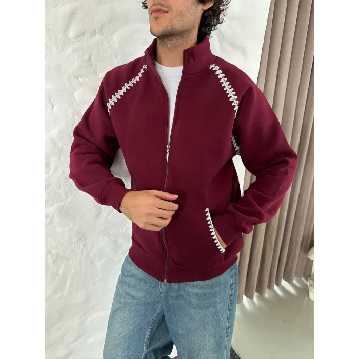 Bordo Zig Zag Nakış Unisex Oversize Sweat