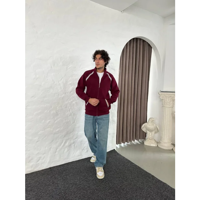 Bordo Zig Zag Nakış Unisex Oversize Sweat