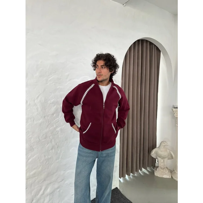 Bordo Zig Zag Nakış Unisex Oversize Sweat