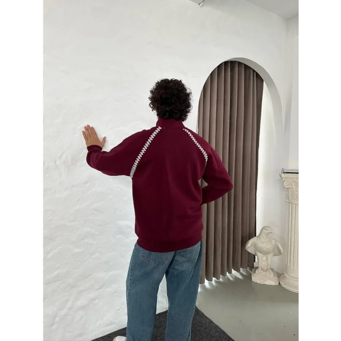 Bordo Zig Zag Nakış Unisex Oversize Sweat