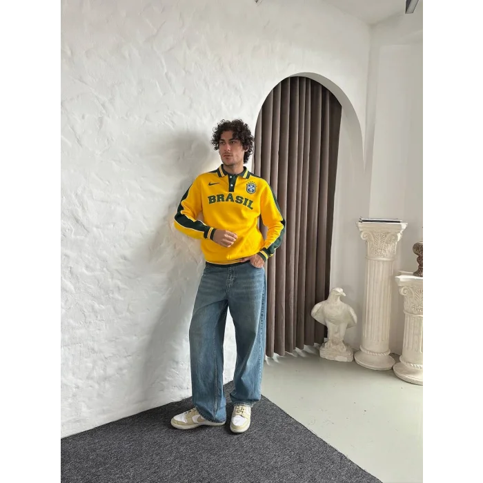 Sarı Brasil Polo Yaka Unisex Oversize Sweat