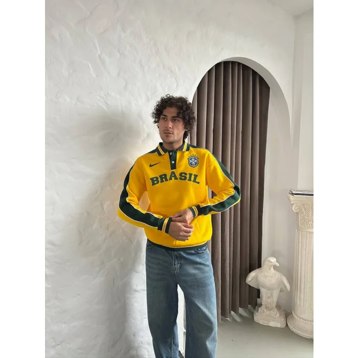 Sarı Brasil Polo Yaka Unisex Oversize Sweat