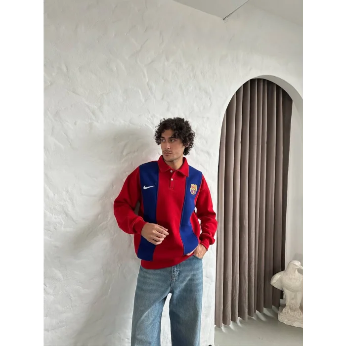 Kırmızı FCB Polo Yaka Unisex Oversize Sweat