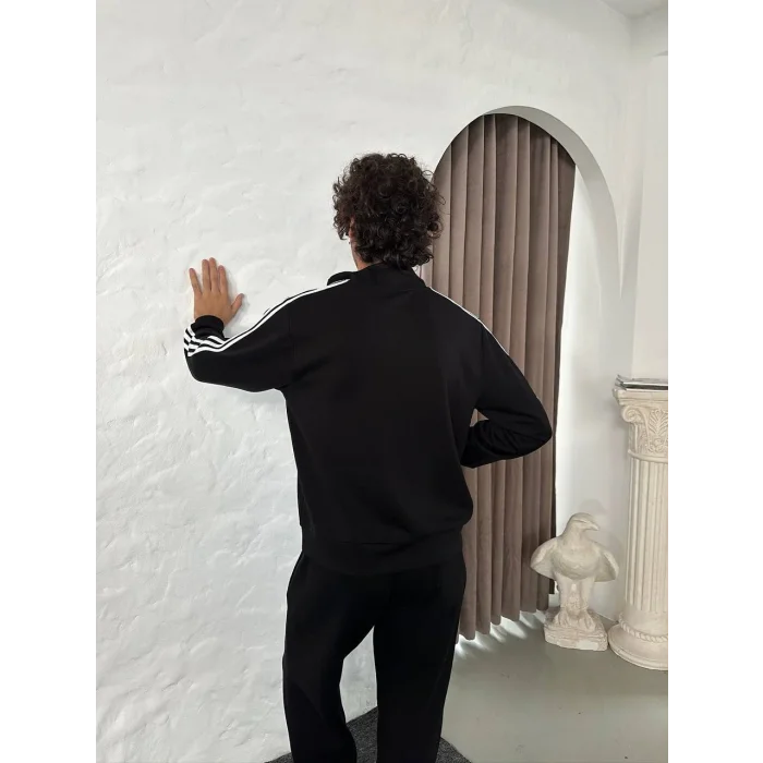 Siyah ADD Üç Şerit Fermuar Yaka Unisex Oversize Sweat