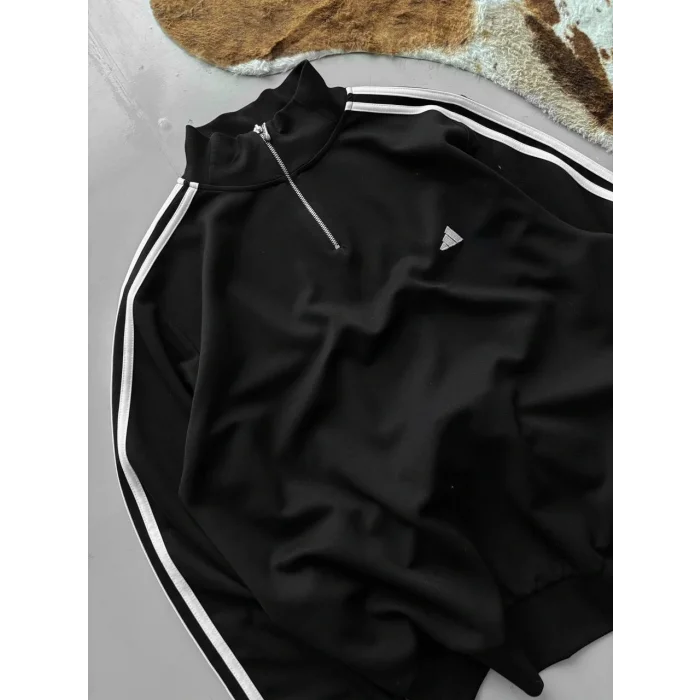 Siyah ADD Üç Şerit Fermuar Yaka Unisex Oversize Sweat
