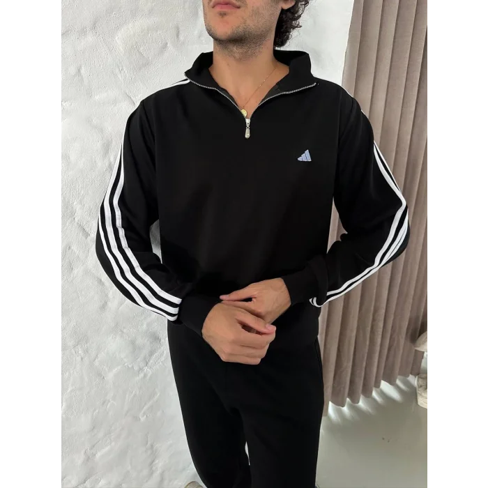 Siyah ADD Üç Şerit Fermuar Yaka Unisex Oversize Sweat