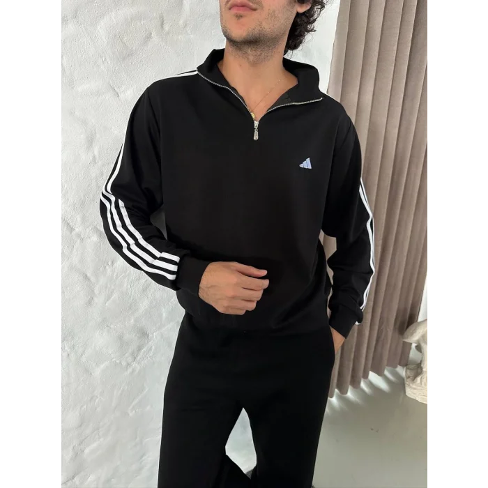 Siyah ADD Üç Şerit Fermuar Yaka Unisex Oversize Sweat
