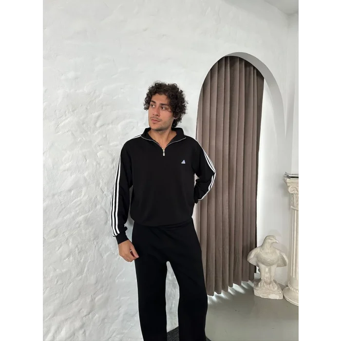 Siyah ADD Üç Şerit Fermuar Yaka Unisex Oversize Sweat