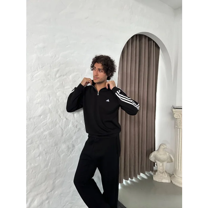 Siyah ADD Üç Şerit Fermuar Yaka Unisex Oversize Sweat