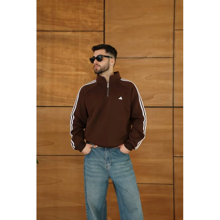 Kahve ADD Fermuar Yaka Unisex Oversize Sweat