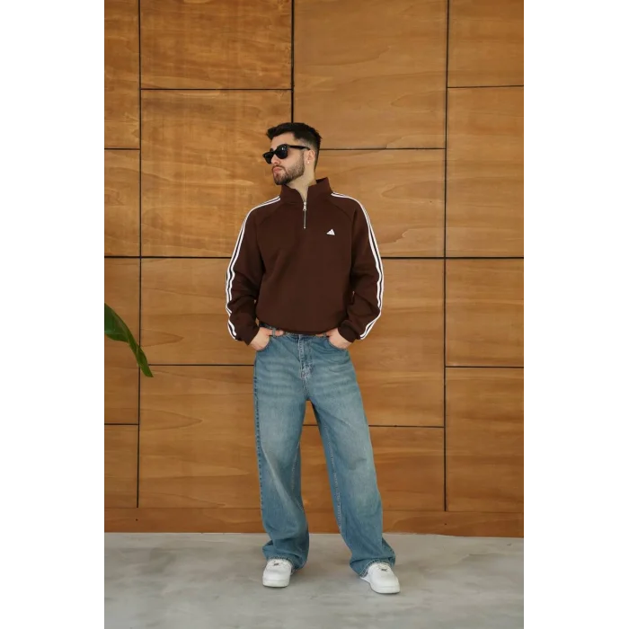 Kahve ADD Fermuar Yaka Unisex Oversize Sweat