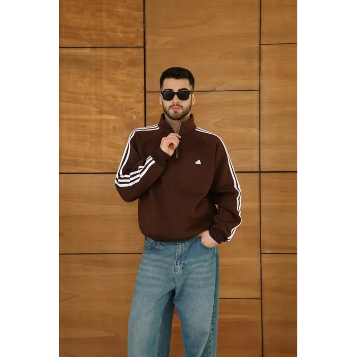 Kahve ADD Fermuar Yaka Unisex Oversize Sweat