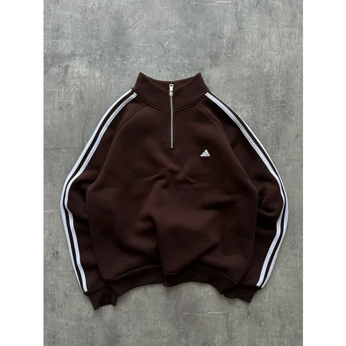 Kahve ADD Fermuar Yaka Unisex Oversize Sweat