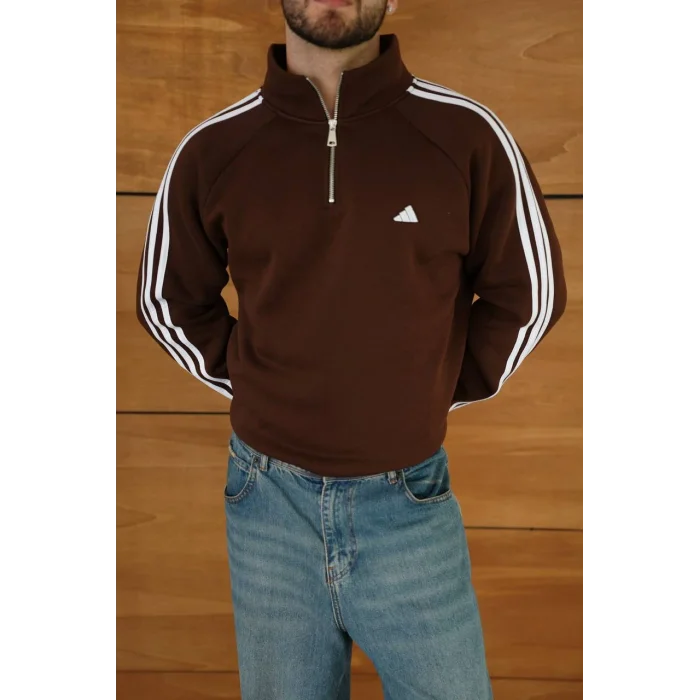 Kahve ADD Fermuar Yaka Unisex Oversize Sweat