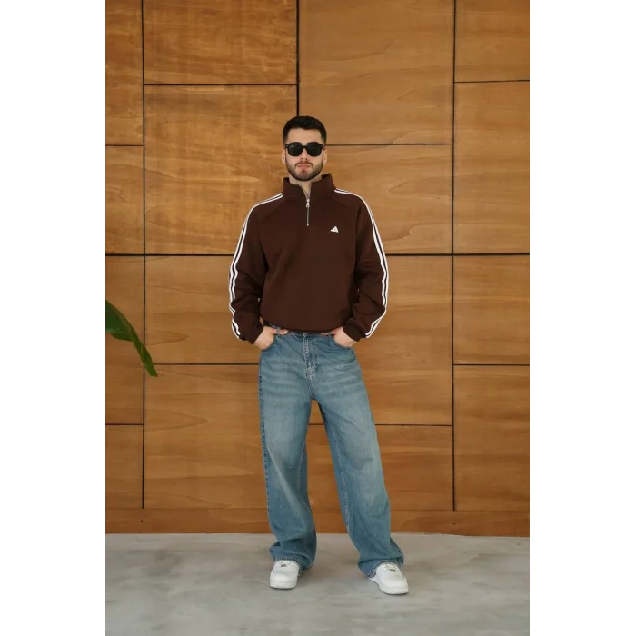 Kahve ADD Fermuar Yaka Unisex Oversize Sweat