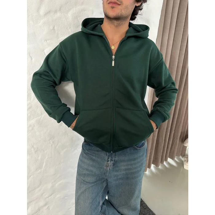 Yeşil Basic Kapşonlu Unisex Oversize Sweat