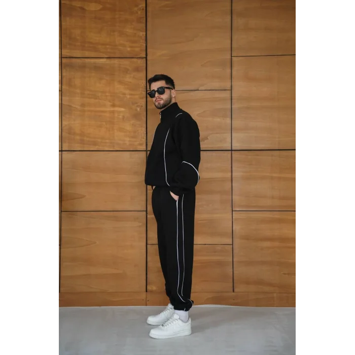 Siyah Basic Biyeli Oversize Eşofman Takımı