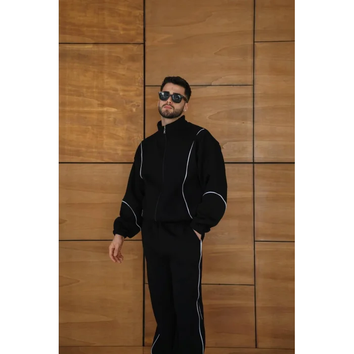 Siyah Basic Biyeli Oversize Eşofman Takımı