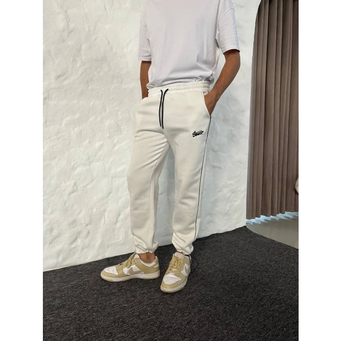 Beyaz STWD Biyeli Unisex Oversize Eşofman