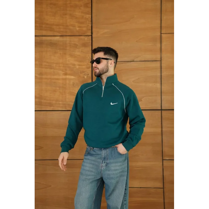 Yeşil NK Omuz Biyeli Fermuar Yaka Unisex Oversize Sweat