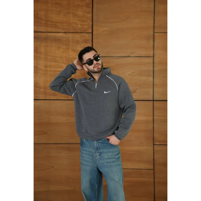 Antrasit ADD Fermuar Yaka Unisex Oversize Sweat