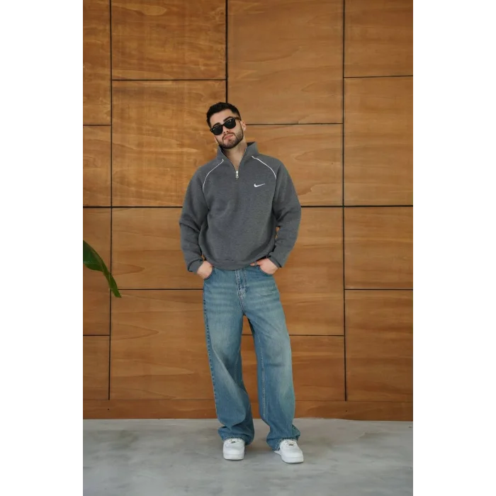 Antrasit ADD Fermuar Yaka Unisex Oversize Sweat