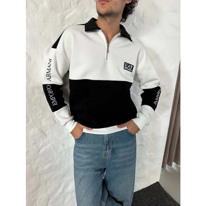 Siyah EA7 Fermuar Yaka Unisex Oversize Sweat