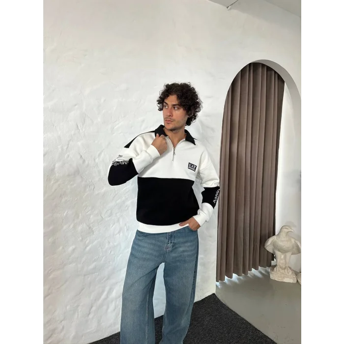 Siyah EA7 Fermuar Yaka Unisex Oversize Sweat