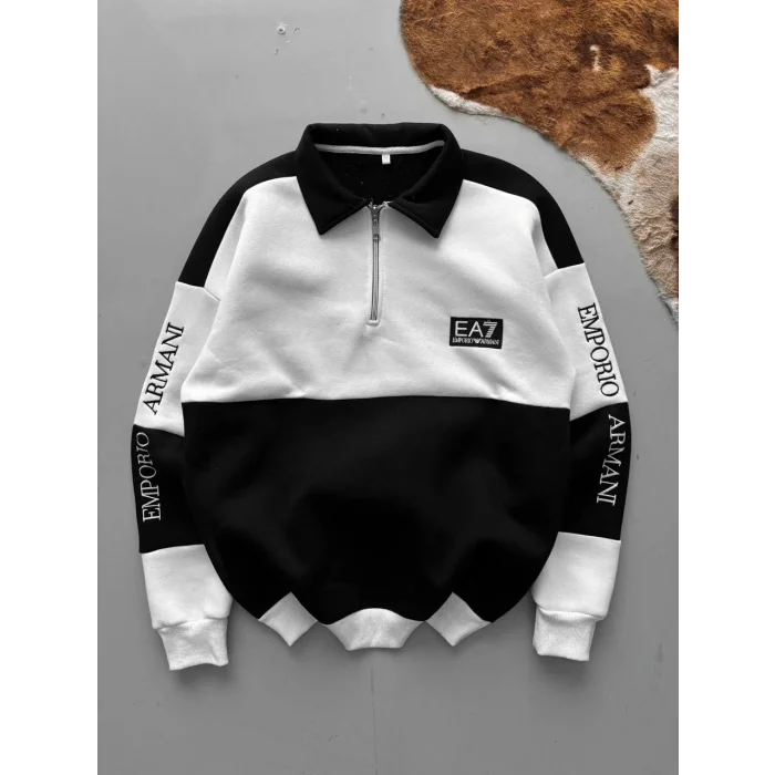 Siyah EA7 Fermuar Yaka Unisex Oversize Sweat
