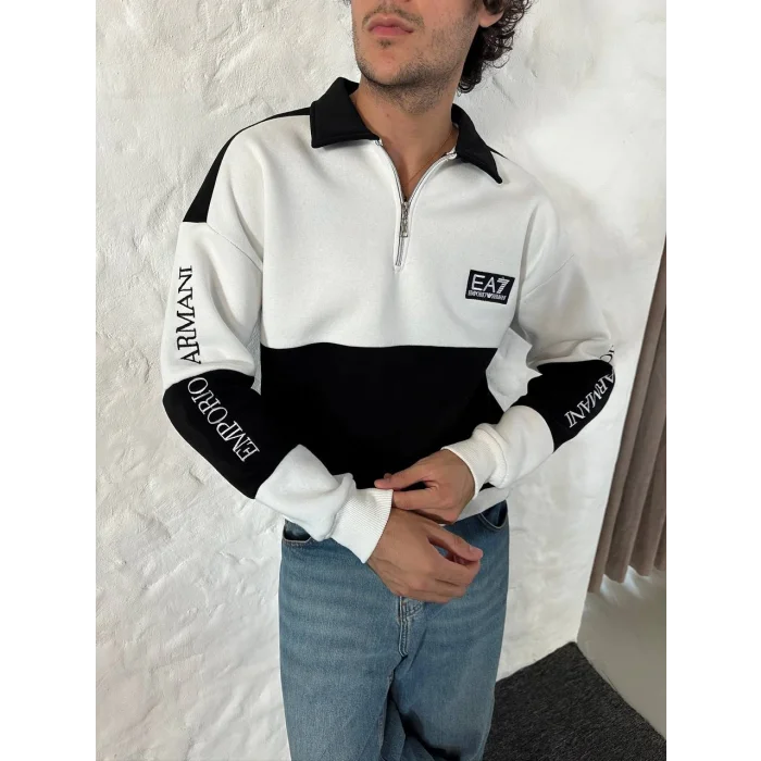 Siyah EA7 Fermuar Yaka Unisex Oversize Sweat