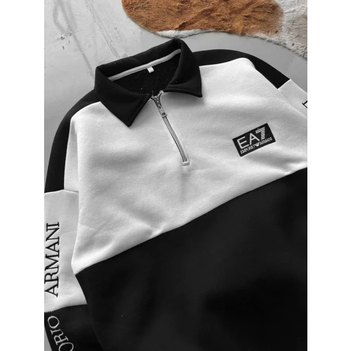 Siyah EA7 Fermuar Yaka Unisex Oversize Sweat