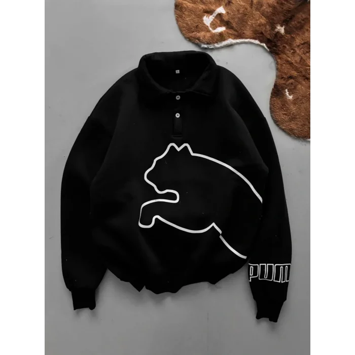 Siyah PM Polo Yaka Unisex Oversize Sweat