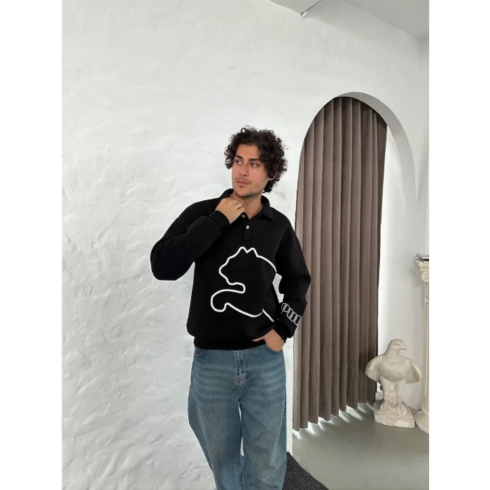 Siyah PM Polo Yaka Unisex Oversize Sweat