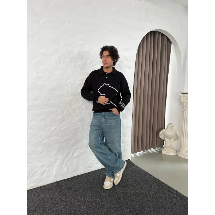 Siyah PM Polo Yaka Unisex Oversize Sweat